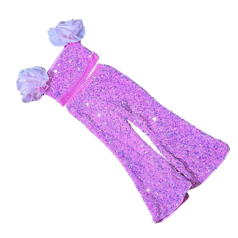Girls Pink Sequin Velvet Set Ruffle Crop Top Flare Pants‎ Barbie Party Size 6Y